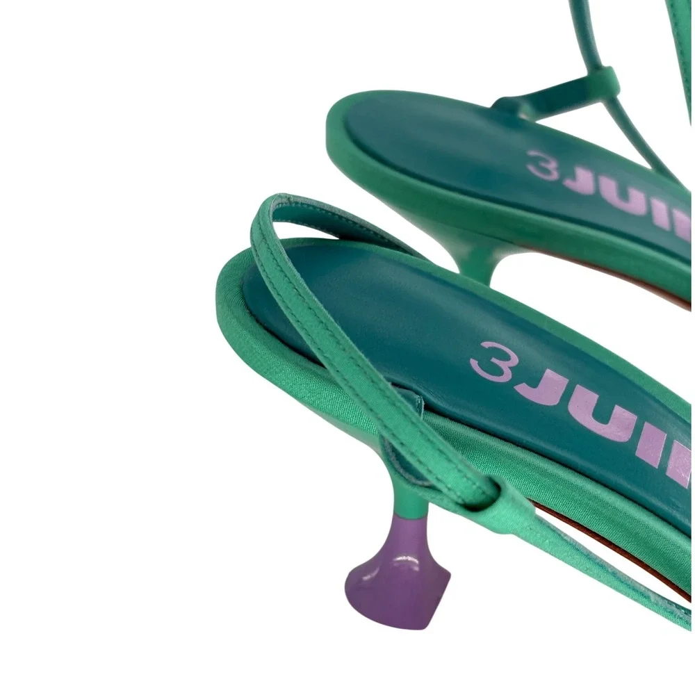 3Juin Kitten Heel Capri Kimi Sandals Women Size 7.5 Mint Green‎ Purple Open Toe